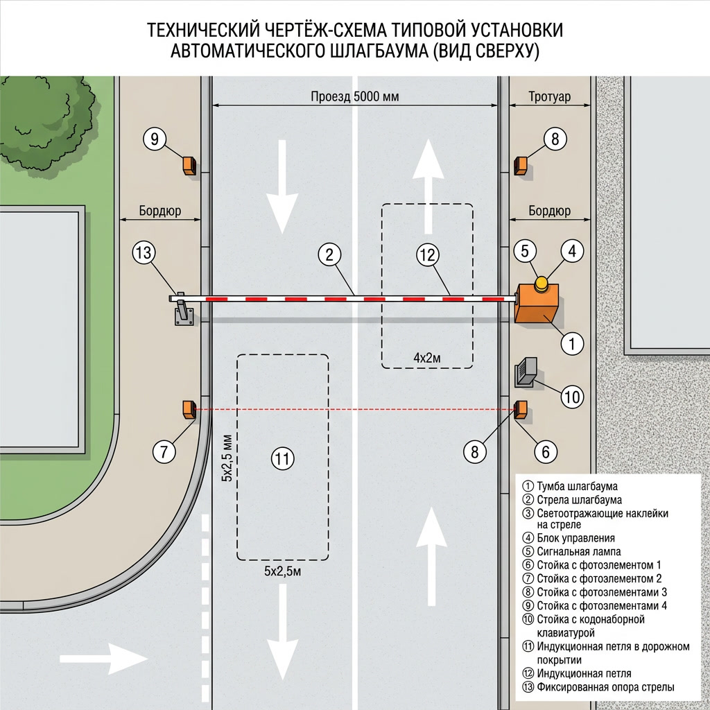 Типовая схема установки автоматического шлагбаума с пронумерованными элементами