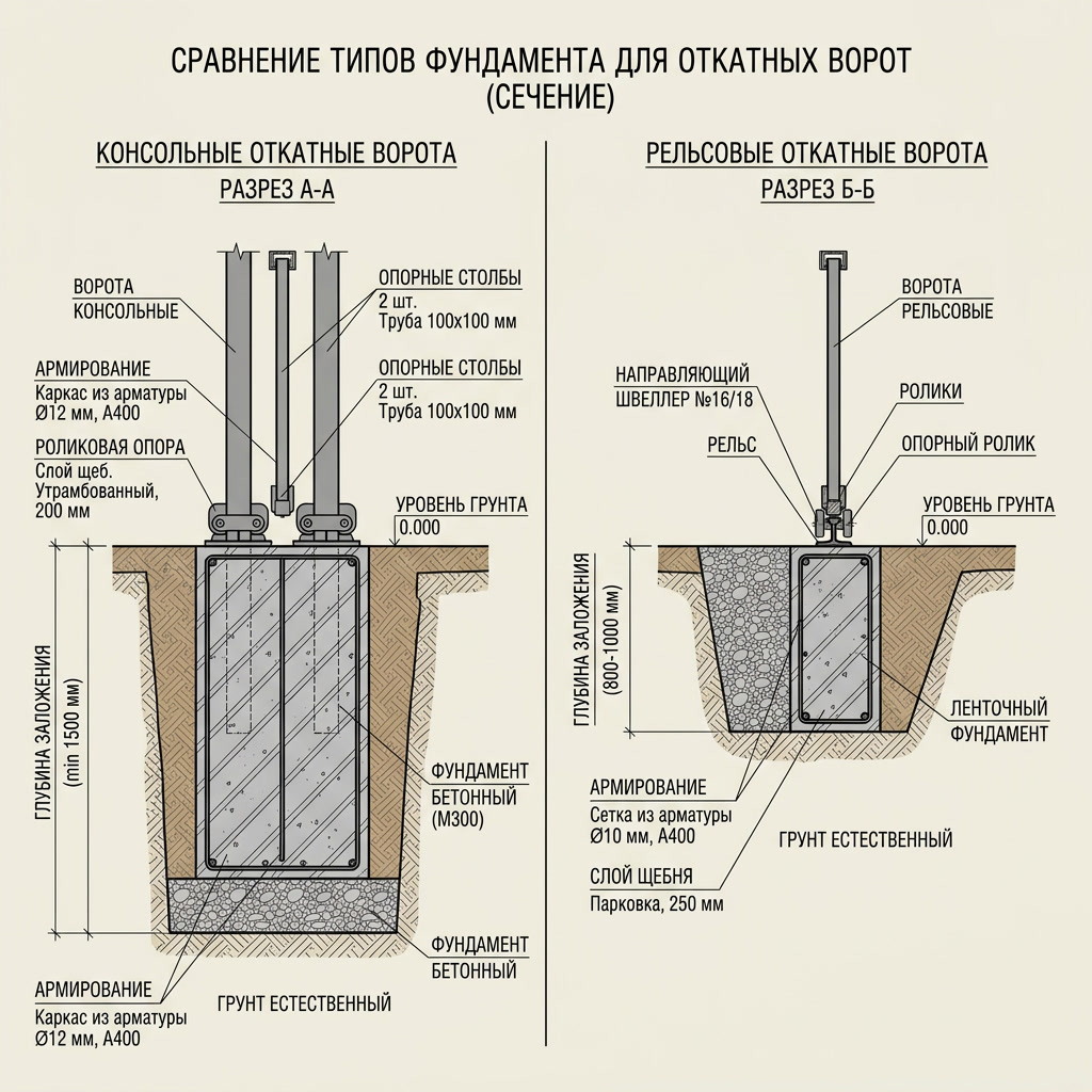 Сравнение фундамента консольных и рельсовых откатных ворот в разрезе
