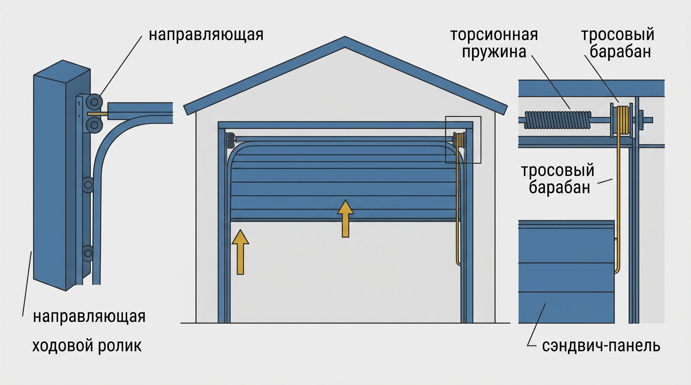 Конструкция гаражных секционных ворот: устройство и схема